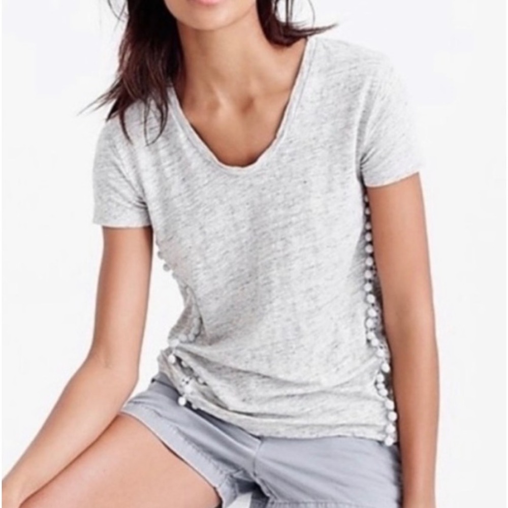 J CREW Gray Heather LINEN KNIT TOP T-SHIRT Cute Pom-Pom Trim SCOOP NECK sz L